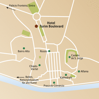 Der Stadtplan von Lissabon mit unserem zentral gelegenen Hotel